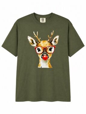 Comfort Colors Rudy Reindeer Graphic Tee 2XL Olive Green Christmas NWT